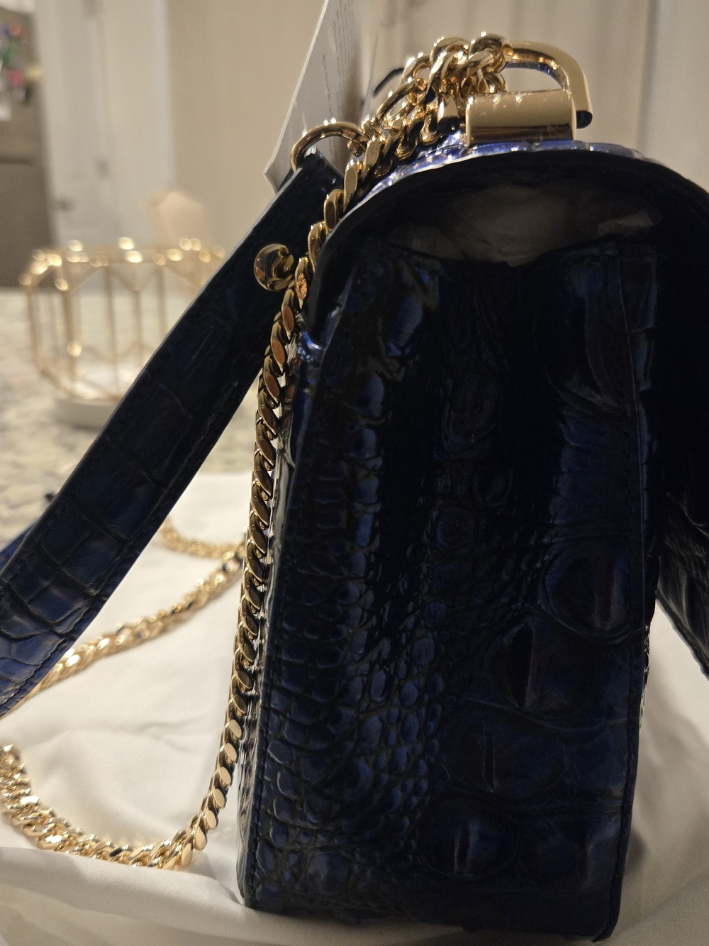 Brahmin Blue Croc-Embossed Leather Crossbody Bag with Gold Chain Rachel Neptune - Picture 7 of 8